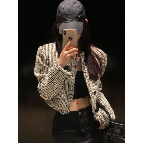 Black and white plaid small fragrance jacket women's spring and autumn new French style niche temperament high-end houndstooth short top