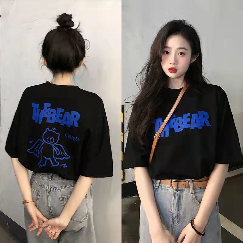 100% pure cotton spring and summer 2022 new short-sleeved T-shirt ladies cartoon loose design niche tops