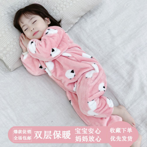  new children's flannel sleeping bag autumn and winter plus velvet thick anti-kick quilt boys and girls baby baby pajamas