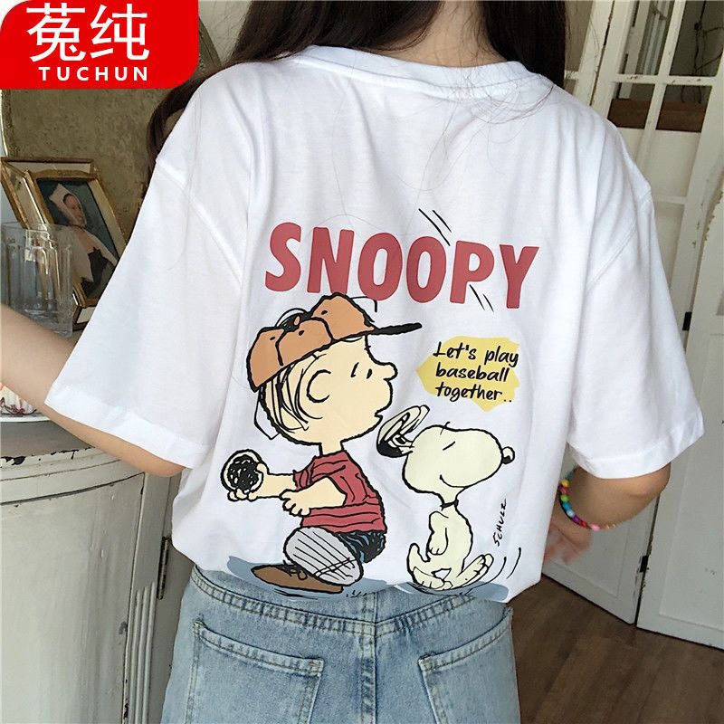 100% cotton Japanese Snoopy short-sleeved t-shirt 2021 loose Korean version of Harajuku style couple half-sleeved top