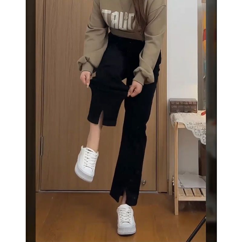 Stretch slit denim pants plus size female fat mm thin pear-shaped figure loose student early autumn high waist cropped pants