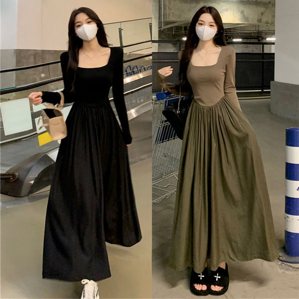 Large size women's autumn and winter temperament square collar halter back large swing long-sleeved dress fat sister mm chic waist long skirt