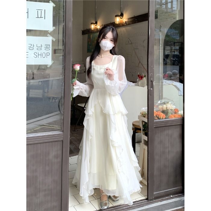 French Fairy White Long-sleeved Dress Women's Summer 2022 New Temperament Ruffled Slim Mid-length Skirt