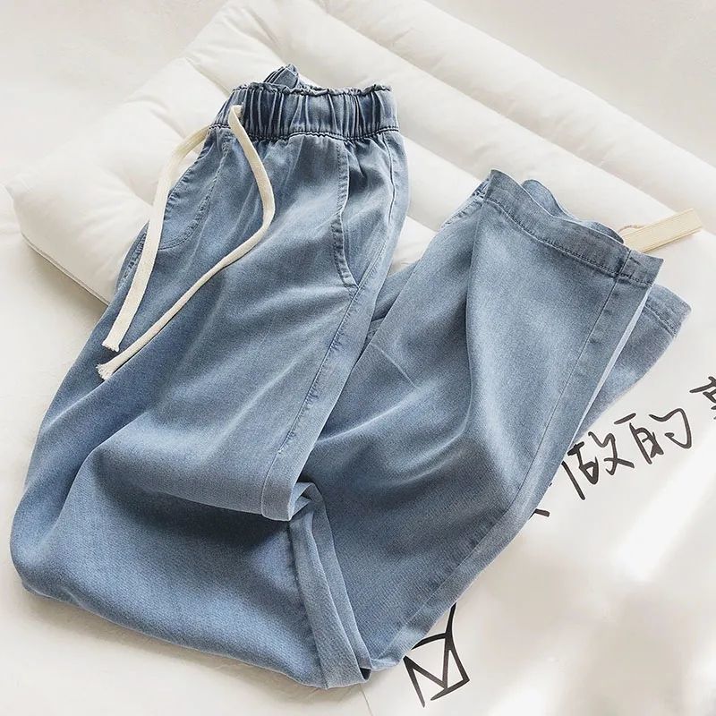 Hong Kong style elastic waist jeans men and women summer large size loose all-match trend casual nine-point pants wide-leg long pants