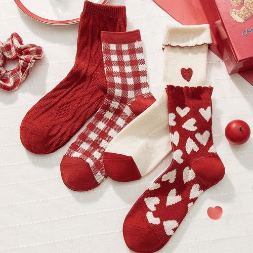 Birth year big red socks women's mid-tube autumn and winter cute Japanese Lolita sweet lace long tube jk pile socks