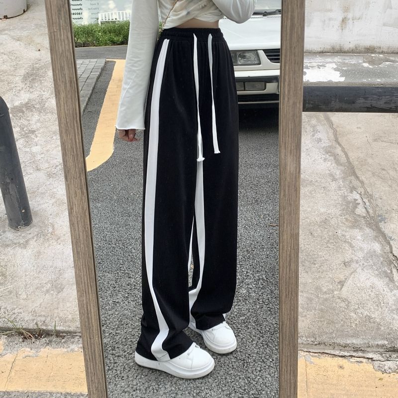 Drawstring wide-leg pants 2022 spring and autumn new black and white contrast color casual pants Korean style student high waist sports trousers women