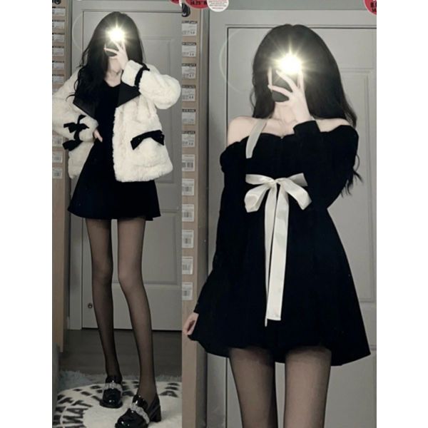 Design sense strap bow waist waist retro French velvet dress female spring and autumn pure desire wind one-shoulder skirt