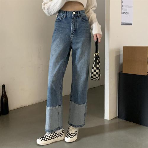 Jeans women's loose wide-legged autumn and winter 2022 new high-waist slimming all-match trendy design sense contrasting color straight-leg pants