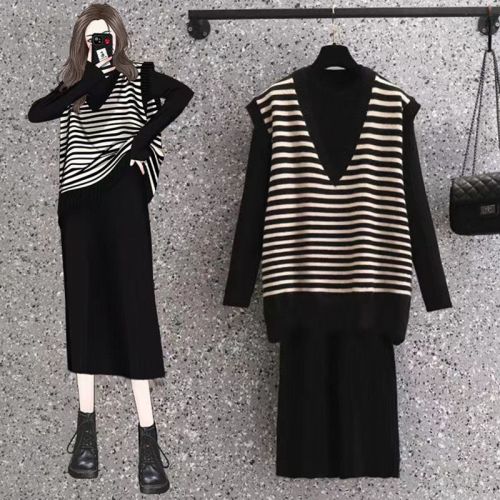 Plus size women's autumn suit female 2022 new Korean style fat sister Hong Kong style striped vest dress two-piece set