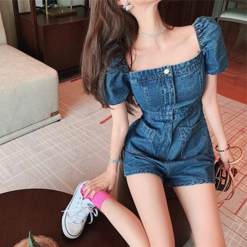 Hot girl design sense square collar denim jumpsuit female summer 2022 new small net red slim straight shorts female