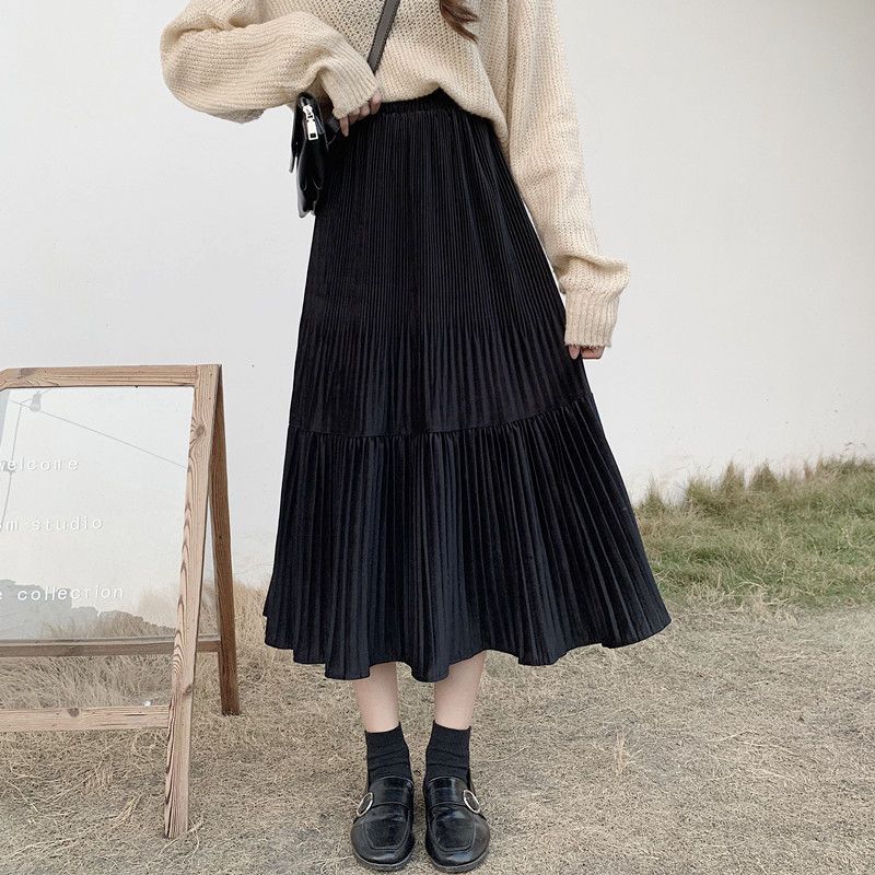 Golden velvet pleated skirt 2022 autumn and winter new style elastic high waist slimming mid-length small autumn all-match