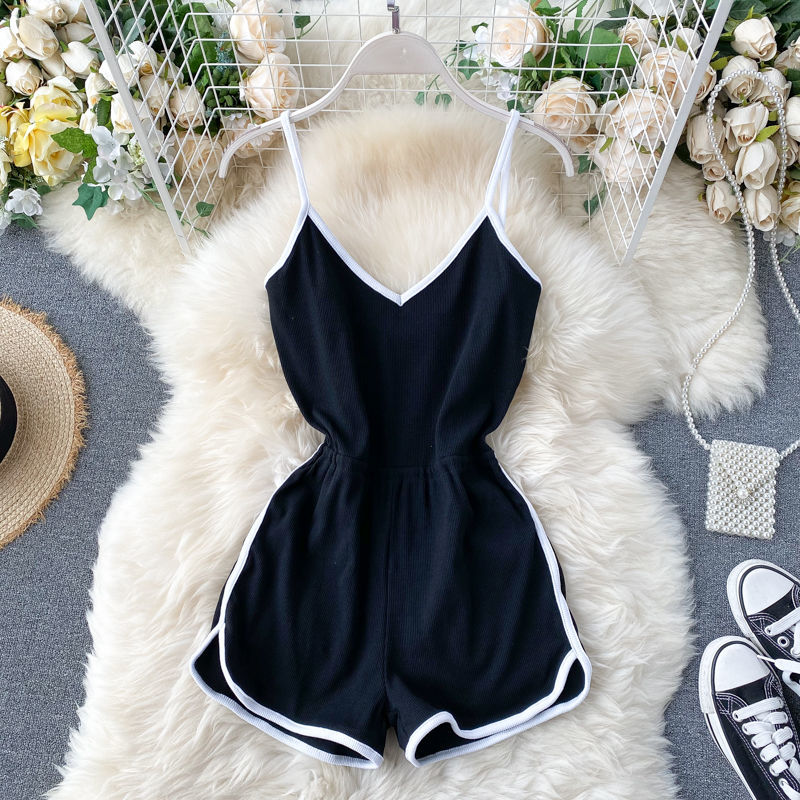 European and American ins design sense matching color suspender jumpsuit female 2022 summer new simple sports style casual shorts