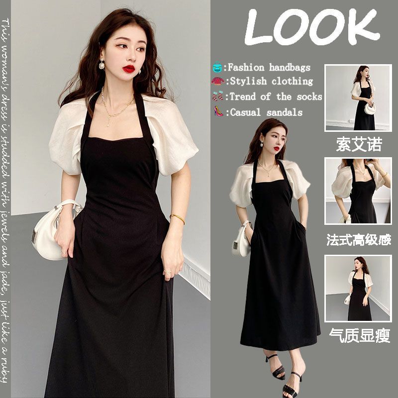 Hong Kong style retro Hepburn style little black dress female 2022 summer new French temperament square collar puff sleeve dress summer