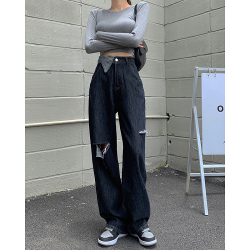 Real shot real price Korean version of ins trendy design sense high waist trousers wide leg ripped jeans women