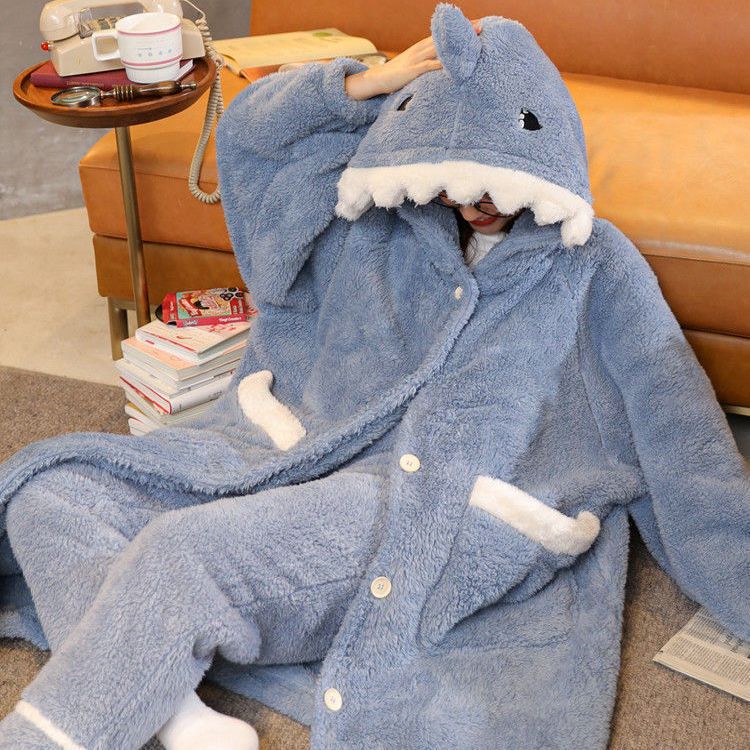 Autumn and winter new thickened plush cartoon shark pajamas coral fleece long nightgown can be worn outside home service suit