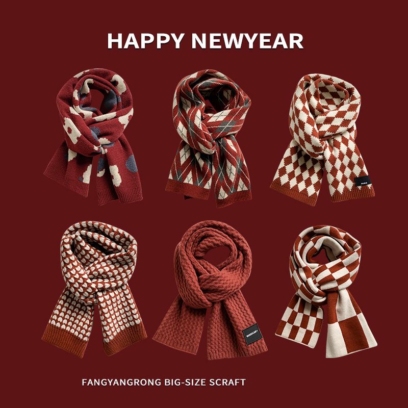 Red New Year Scarf Female Winter Christmas Snowman Knitted Wool Scarf Korean Version Versatile Thickened Warm Student Trend