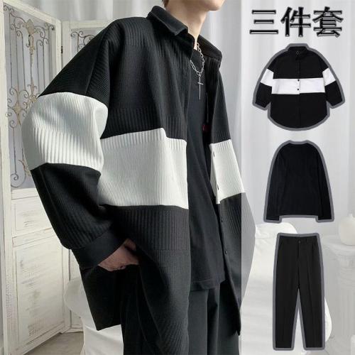 Three-piece suit autumn men's casual cardigan knitting suit Korean style trendy handsome set of clothes men's Hong Kong style loose