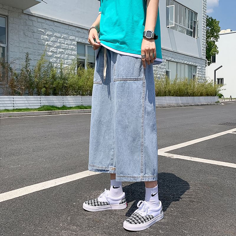 Summer thin overalls men's tide brand trendy loose straight casual cropped pants elastic waist wide leg jeans
