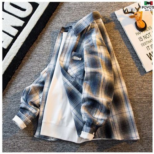 POVOTE spring and autumn high-quality plaid long-sleeved shirt men's ins trend retro ruffian handsome casual shirt jacket