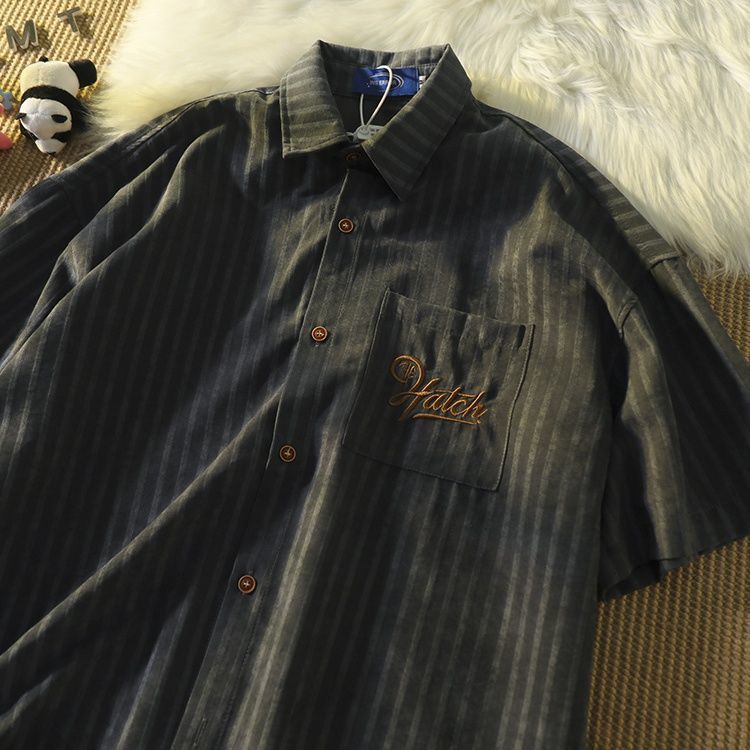 American retro street loose ins trend embroidery pocket striped short-sleeved shirt men and women casual niche shirt