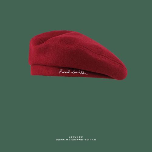 Korean version of retro embroidery woolen beret women's all-match solid color flat-top painter's cap casual trendy male ins net red style