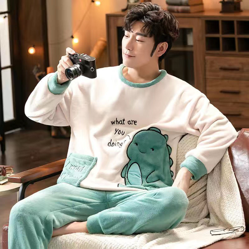 Autumn and winter pajamas men's coral fleece thickened plus velvet flannel large size teenager winter cartoon home service suit