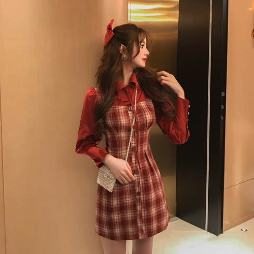 Real shot and real price! Elegant retro Christmas Red Plaid New Year's dress stitching fake two piece waist closing dress