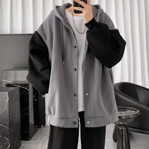 Cardigan sweater men's  autumn and winter plus velvet Korean style trend stitching loose Hong Kong style casual all-match hooded jacket men
