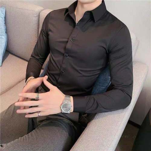 Elastic Long Sleeve Shirt Slim Thin Black Shirt Business Casual Professional Dress Workwear Work Shirt Men