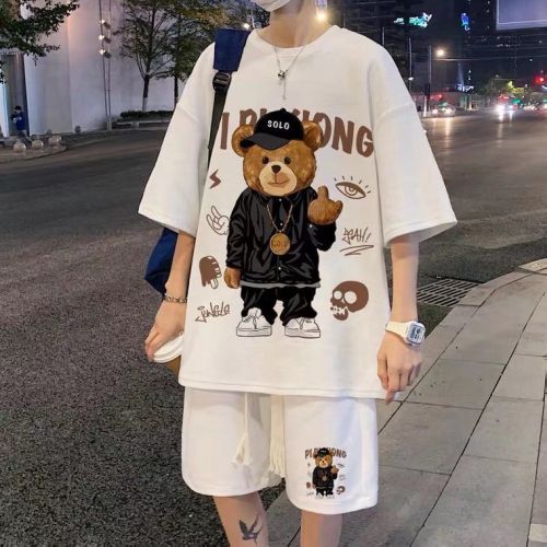Hip-hop bear casual sports suit men's summer American retro trendy brand ins ruffian handsome five-point short-sleeved t two-piece suit