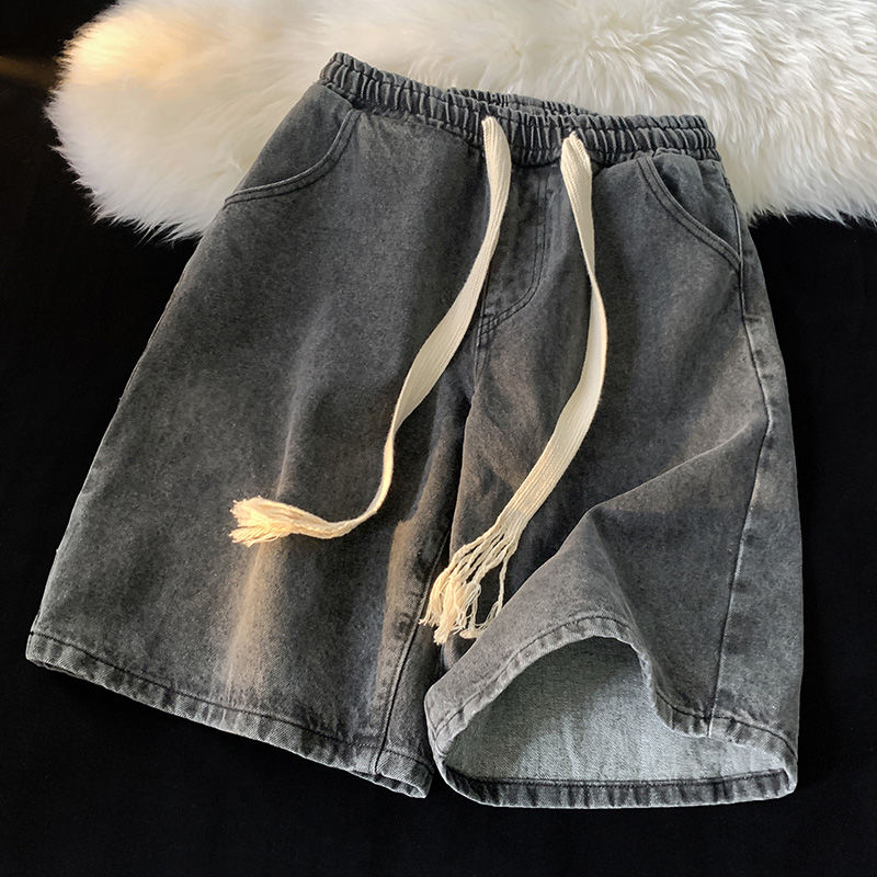 Braided drawstring denim shorts men's summer thin fashion brand casual pants American retro loose plus size five-point pants