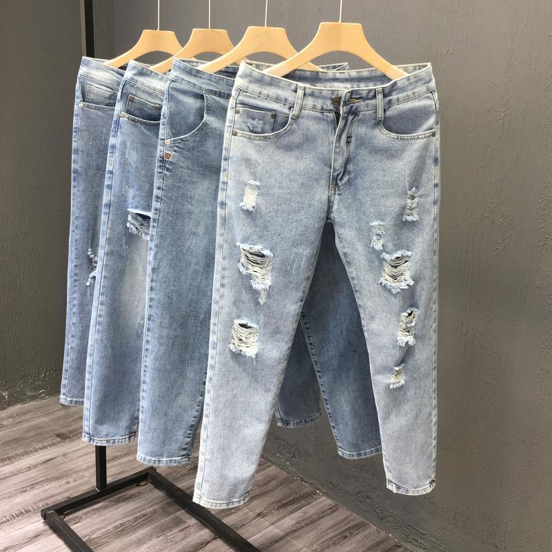 Trendy ripped jeans men's personality spring and summer nine-point pants Korean version of self-cultivation youth elastic pencil pants autumn