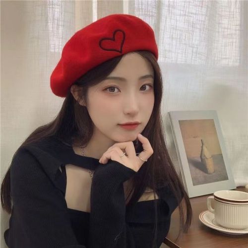 Beret hat female star with the same autumn and winter woolen beret love painter hat ins fashion all-match pumpkin hat