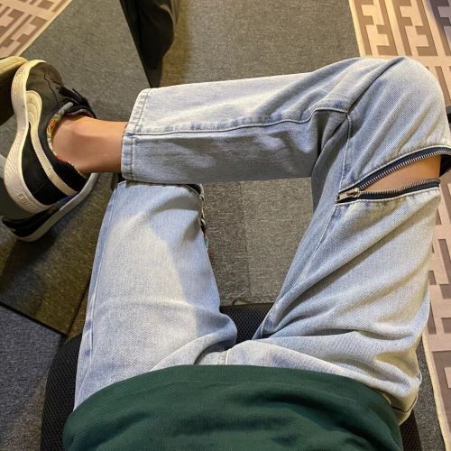 Autumn High Street Broken Zipper Hole Jeans Men's Internet Celebrity Slim Denim Straight Leg Pants Men's Korean Style Trendy Casual Pants