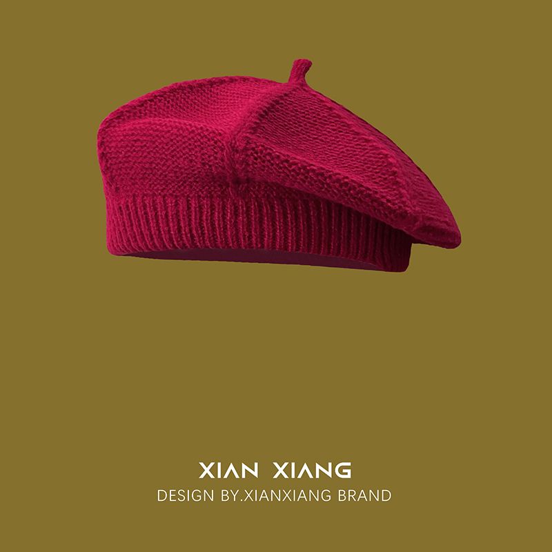 Japanese knitted beret female autumn and winter ins net red solid color wild painter hat sweet literary octagonal beret hat