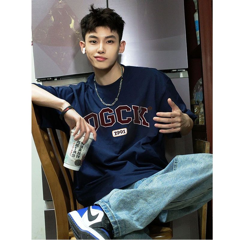 Vintage American creative letter printing cotton T-shirt men's summer ins tide brand street Hong Kong style loose short sleeves