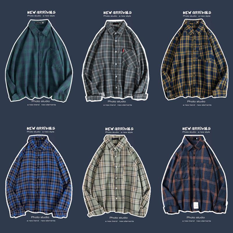 KOBPT autumn plaid long-sleeved shirt men's Korean version of the casual art shirt Hong Kong style all-match ruffian handsome simple coat
