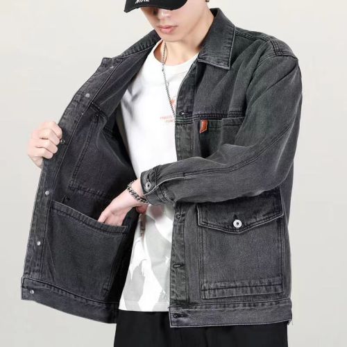 Men's tooling denim jacket coat lapel 2022 spring and autumn style six pockets with cotton loose large size top coat