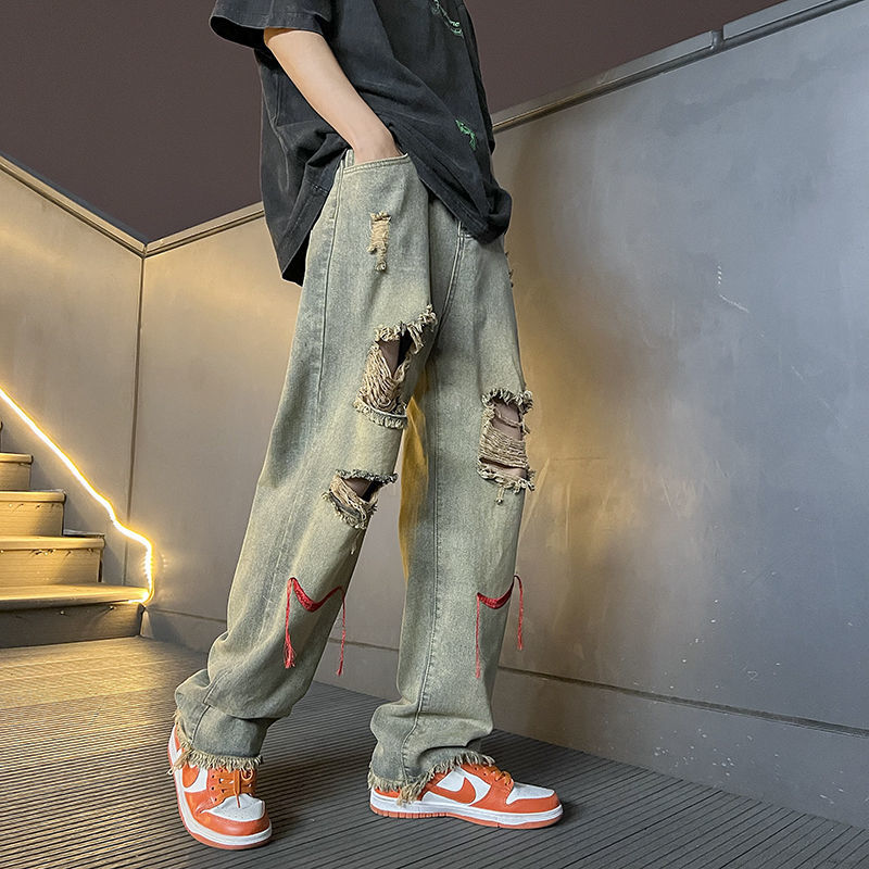 American high street retro ripped jeans for men and women summer thin section loose all-match trendy brand wide-leg long trousers