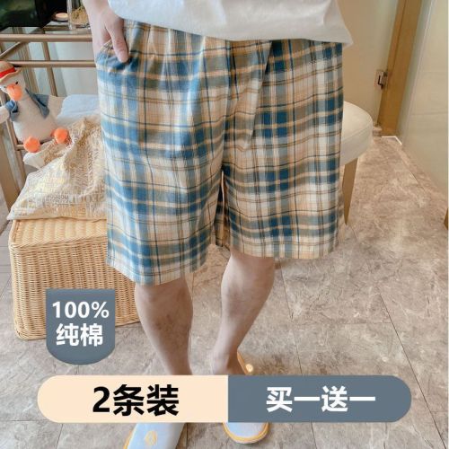 Cotton pajama pants men's summer thin section casual loose plus fat plus size summer beach pants shorts plaid cotton