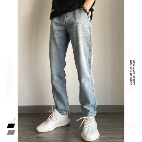 American high street light-colored jeans men's spring and autumn straight loose ruffian handsome Luhan same style handsome all-match washed trousers