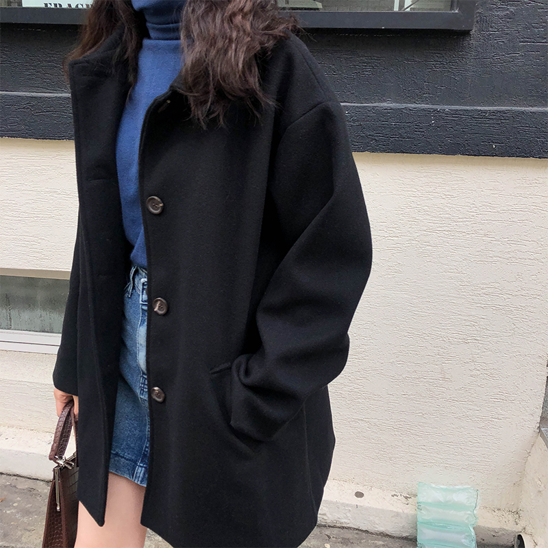 Real shot of 2022 new woolen mid-length coat for small men thickened all-match black single-breasted coat