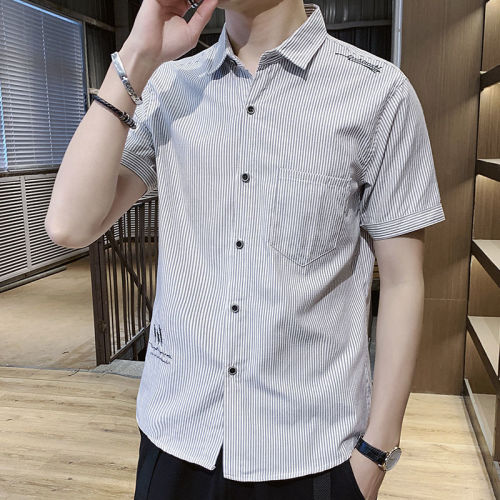  Short-sleeved Shirt Men's Summer Slim Stand Collar Fashion Handsome Men's Bottom Casual Shirt Thin Korean Trend