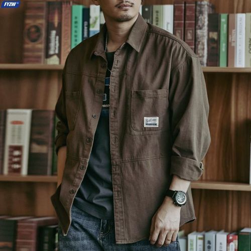FYZW/Fang Yazhi Wang 100% Cotton Retro Tooling Shirt Men's Long-sleeved Jacket Spring and Autumn Outer Wear Shirt Fashion