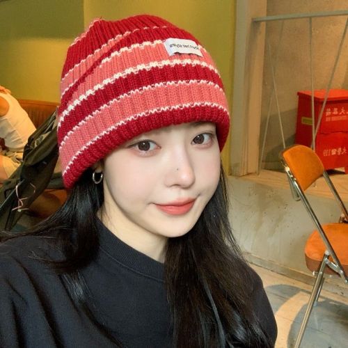 Wool hat men and women autumn and winter new striped knitted hat ins ear protection cold hat pullover hat warm hat tide