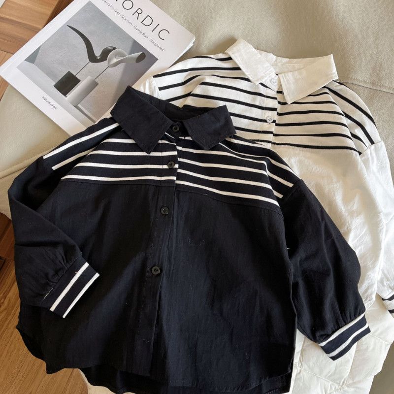 Boys and girls autumn new handsome striped stitching lapel shirt baby fashion trend Korean style foreign style shirt