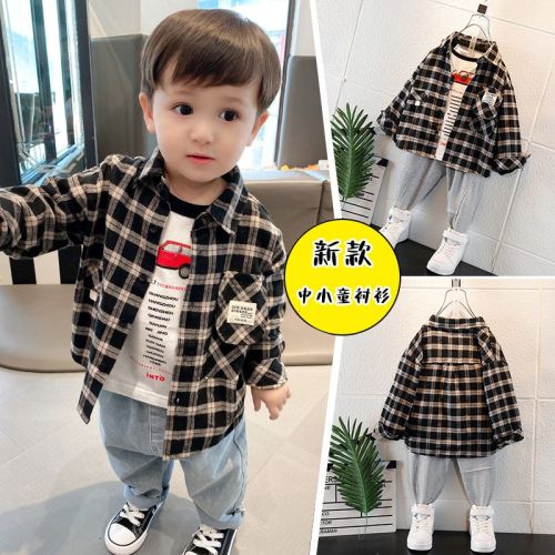Boys plaid 95% cotton shirt children's jacket Japanese and Korean version shirt male baby cardigan top spring and autumn trendy 1