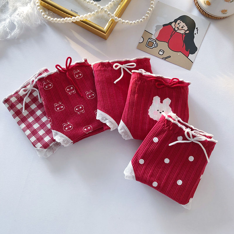 5 pieces of Japanese pure cotton red underwear women's zodiac year cute cartoon rabbit antibacterial mid-waist lady's briefs head