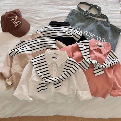Children's shirts  autumn new fake two-piece boys and girls solid color shawl shirt baby personality trendy jacket