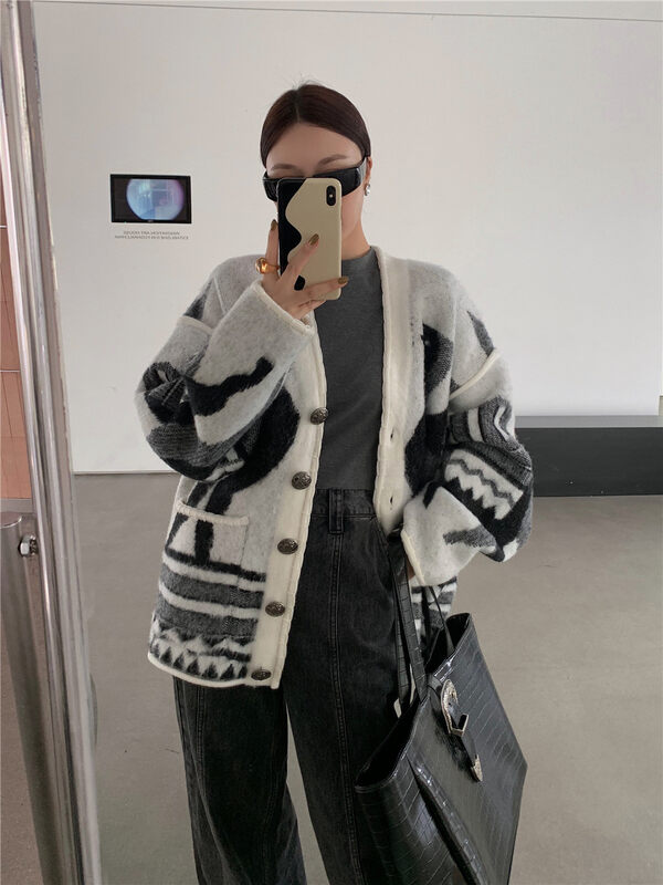 [DTU] V-neck lazy style retro loose casual knitted cardigan 52473# LSL